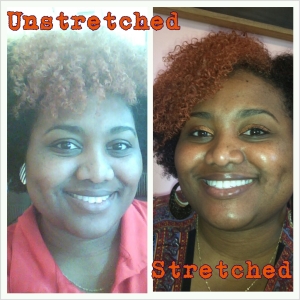 The hair on the right was stretched using twist method. The hair on the left air dried normally